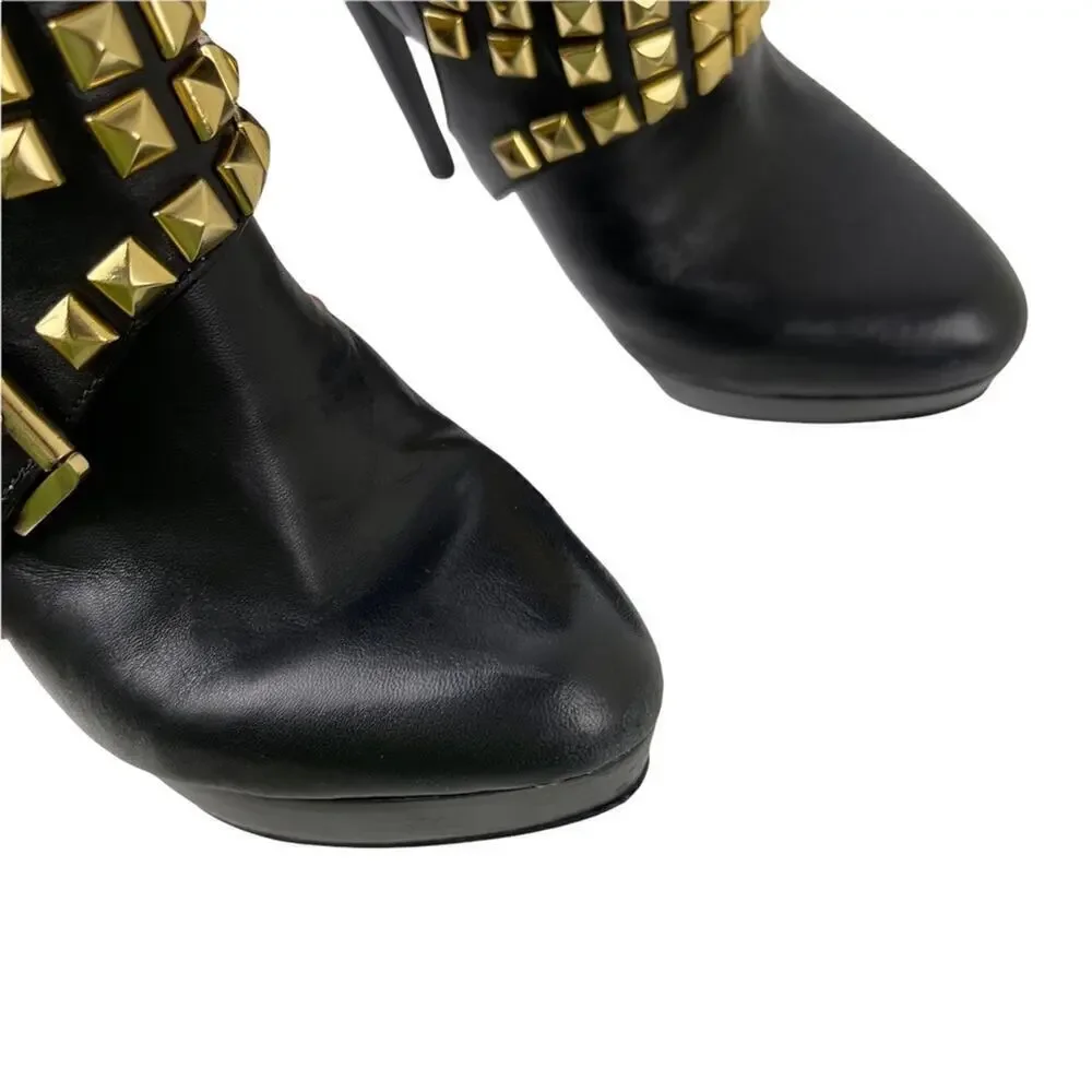 Michael Kors Rock and Roll Black Leather Gold Studs Harness Booties Boots 7M